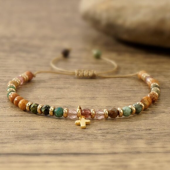Natural Stone Cross Bracelet, Religious for Woman, Every Day God thinks of You - Picture 7 of 7